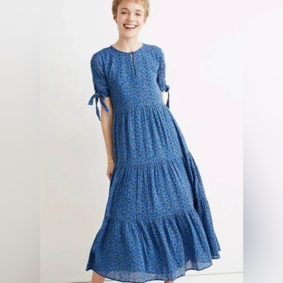 Madewell Dresses & Skirts - Madewell Maxi Blue Floral Tiered Ruffle Dress with Tie Sleeves, XS. EUC